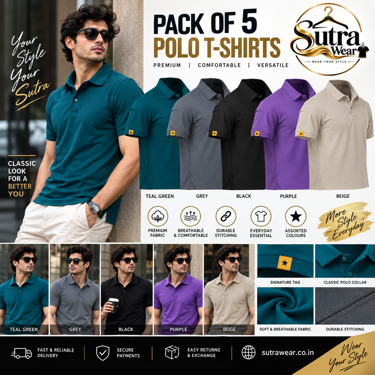 SUTRA WEAR Pack of 5 Premium Polo T-Shirts for Men